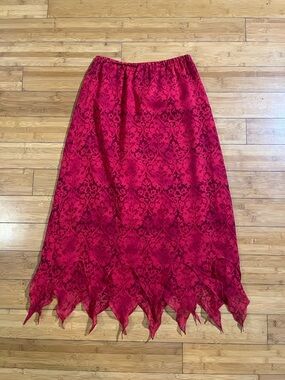 Y2K Chico's Red Damask Asymmetrical Point-Hem Flame Maxi Silk Skirt Whimsigoth